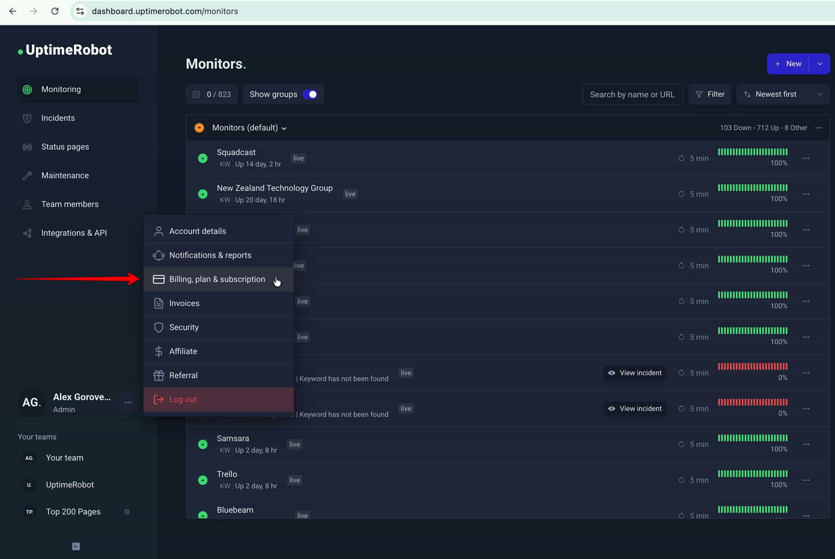 Screenshot of Billing, plan & subscription settings