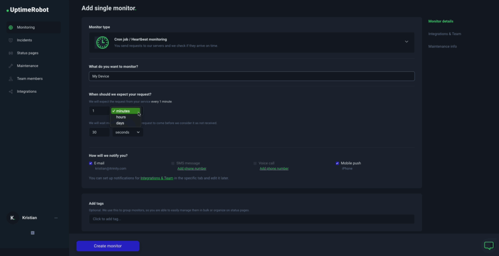 UptimeRobot dashboard