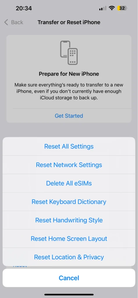 iOS reset network settings