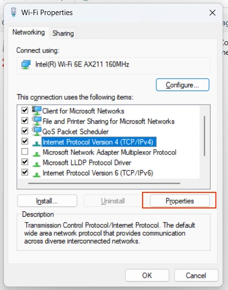 Windows Wi-fi properties