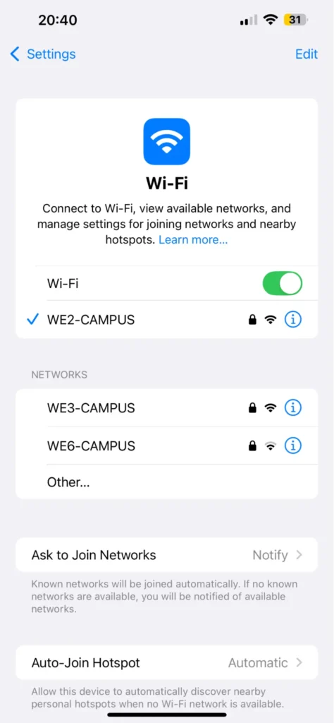 iOS Wi-fi settings