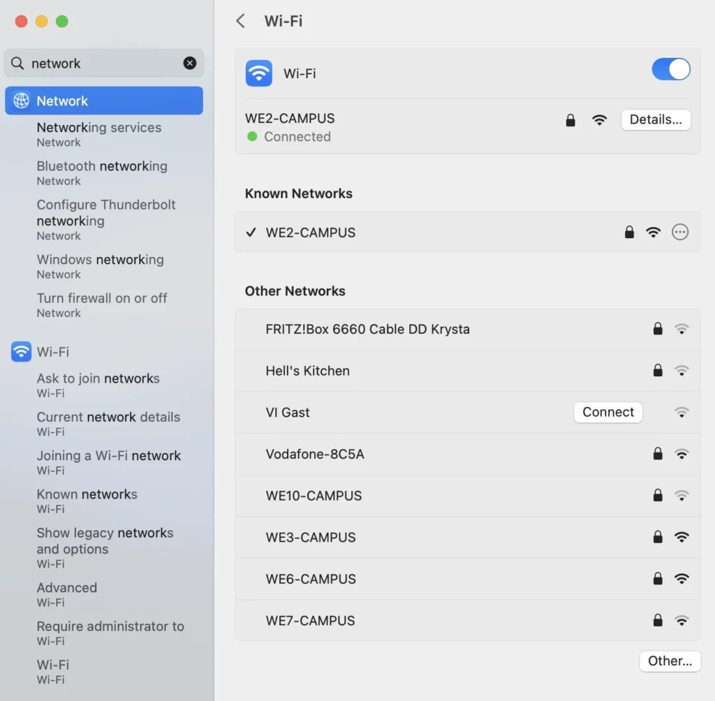 macOS network settings