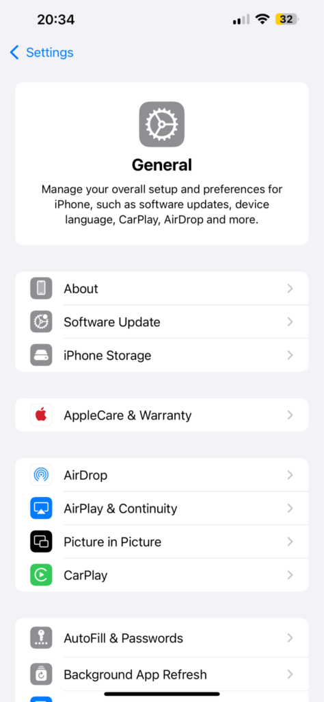 iOS General settings