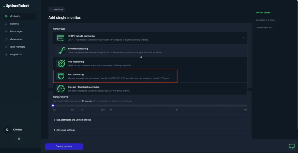 Port monitoring uptimerobot