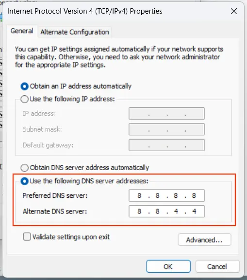 TCP/IPv4 properties