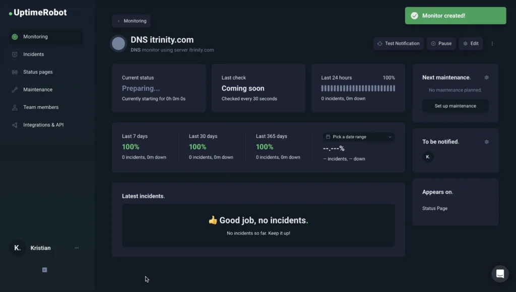 UptimeRobot dashboard