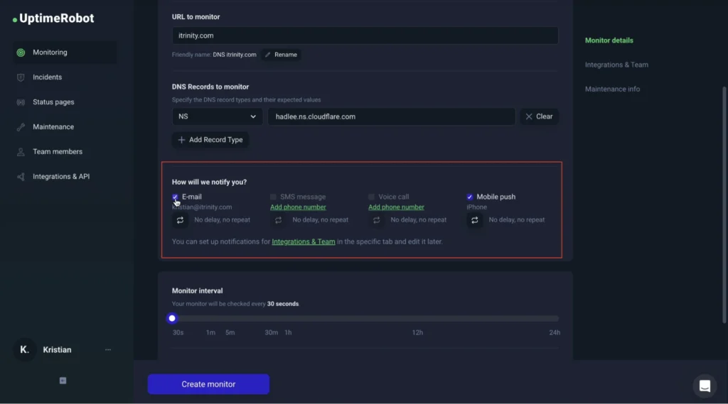 Uptimerobot notification settings