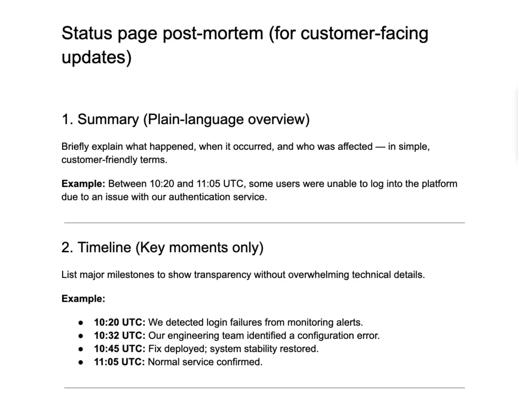 Status page post-mortem report template. Download now.