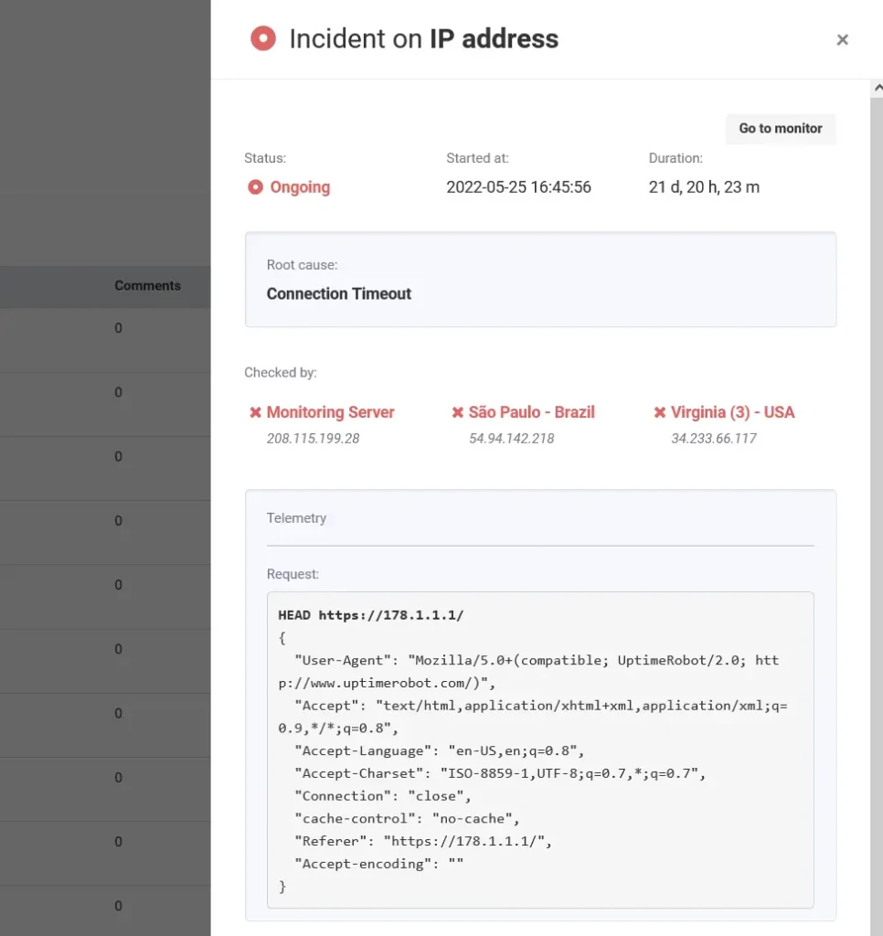 UptimeRobot incident report showing root cause and timeline details
