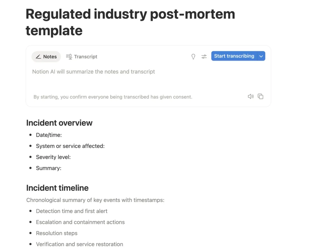 Regulated industry post-mortem report notion template. Download now.