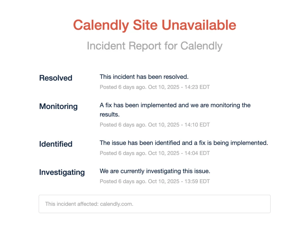 Calendly status page when the site is unavailable