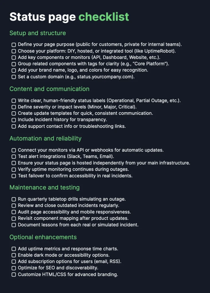Status page setup checklist