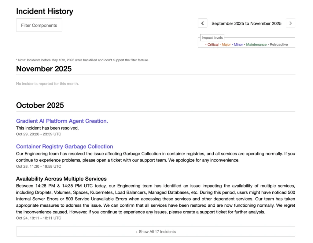 DigitalOcean incident history page