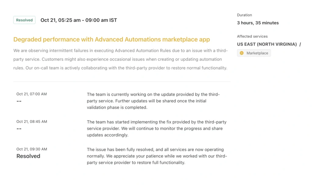 Example of clear, effective incident communication by Freshchat