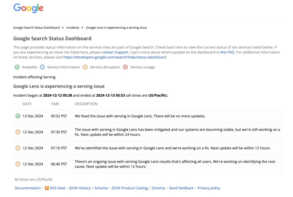 Screenshot of Google search incident page.