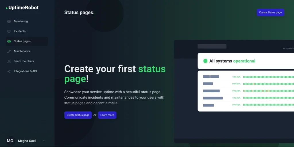 Click on “Create Status page”