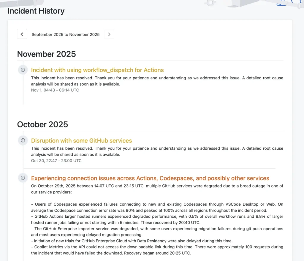 GitHub Incident history page