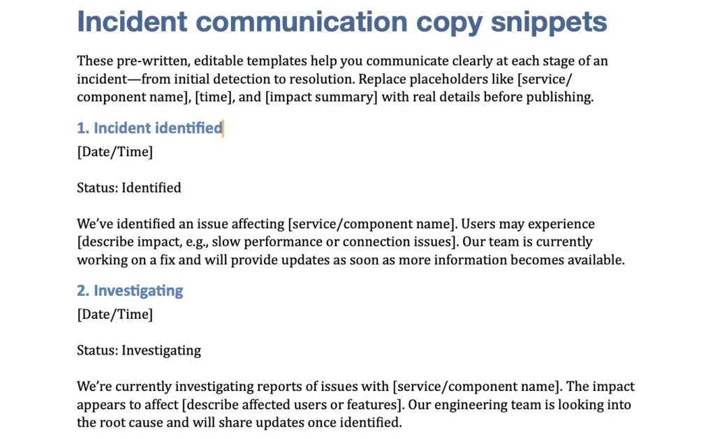 Incident communication copy snippets
