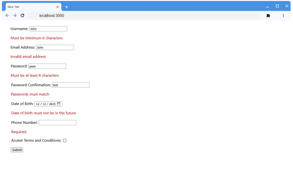 Figure 3: Multiple error messages are displayed when form inputs fail to meet the validation rules defined in the Yup schema.