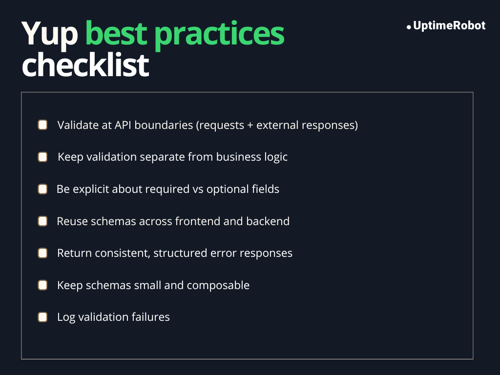 Figure 4: Yup best practices checklist