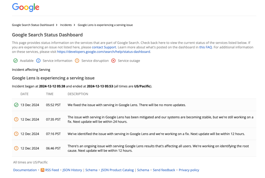 Screenshot of Google search incident page