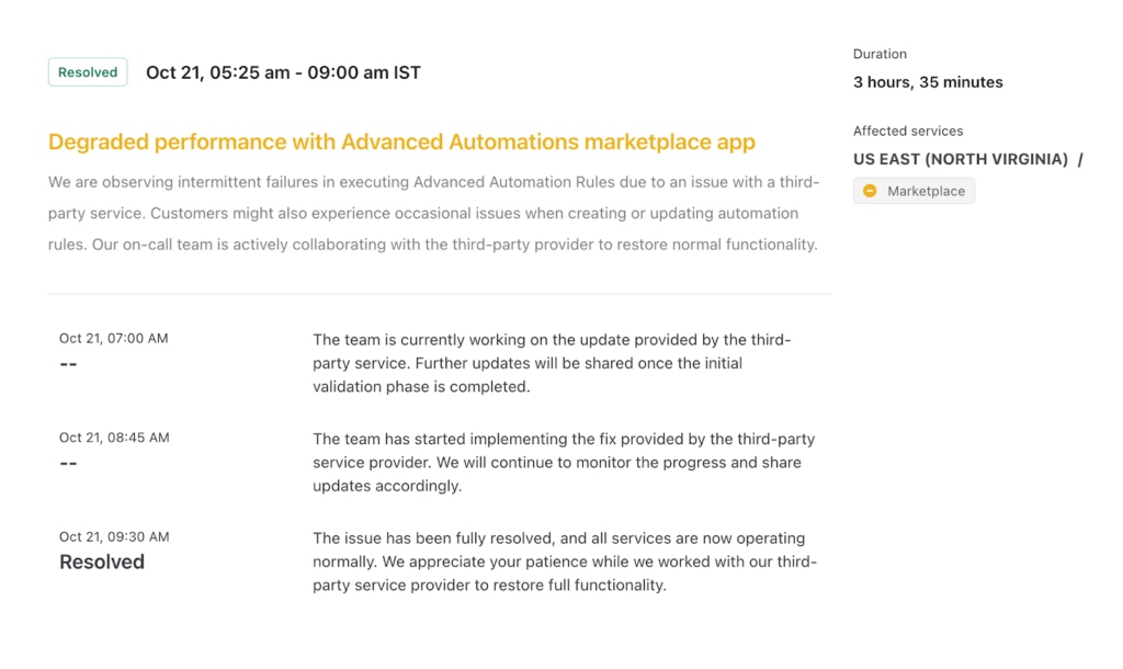 Example of clear, effective incident communication by Freshchat