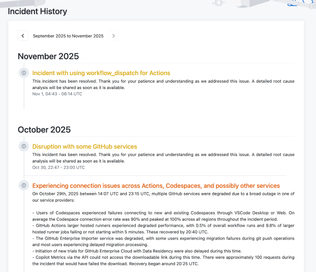 GitHub Incident history page