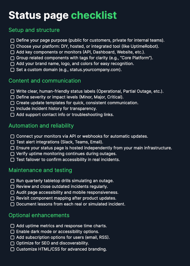 Status page setup checklist