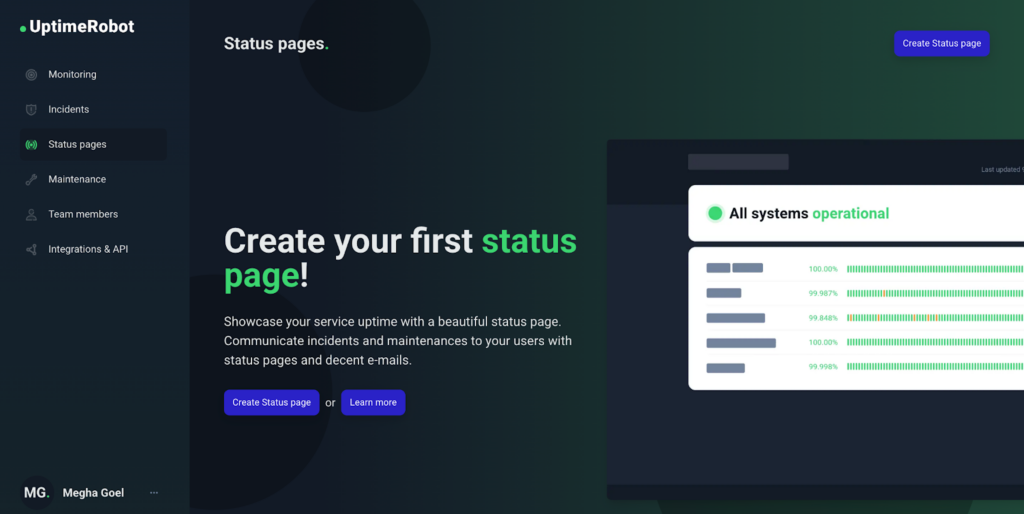 Click on “Create Status page”
