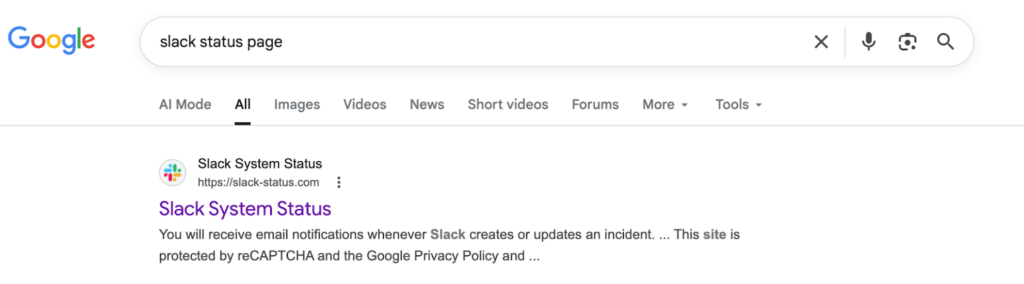 Slack status page Google search