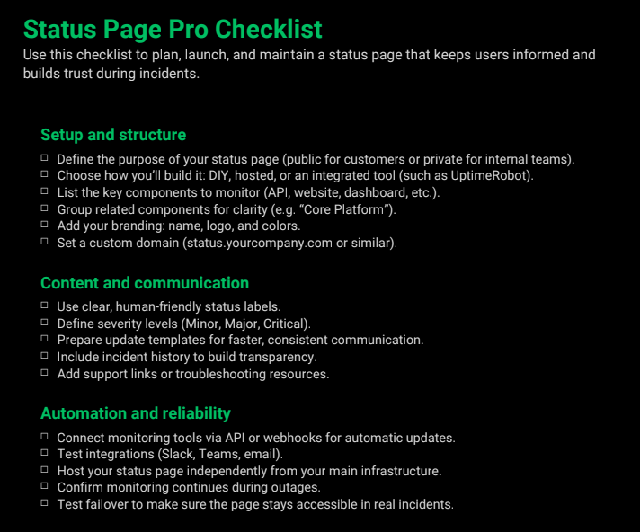 Status Page Pro Checklist