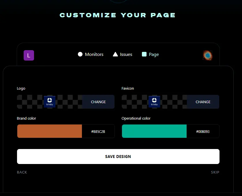 Instatus status page creation dashboard