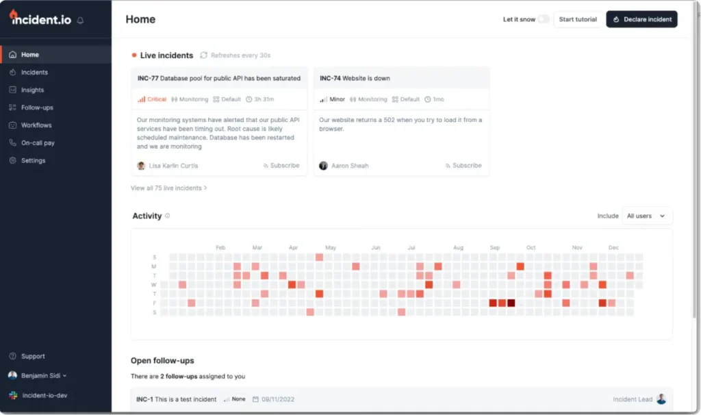 Incident.io dashboard example
