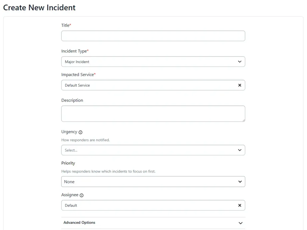 PagerDuty Create New Incident form