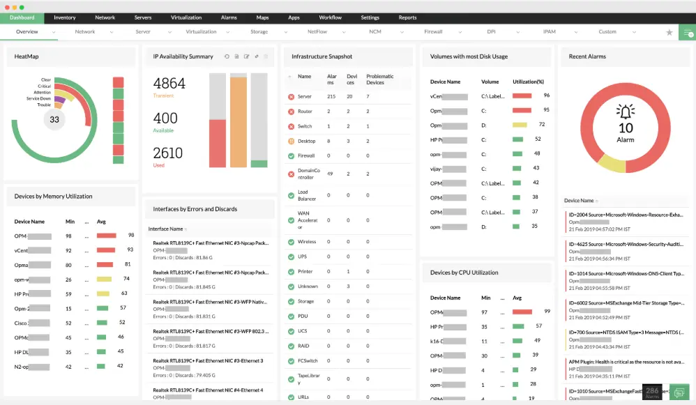 Network monitoring dashboard example from ManageEngine