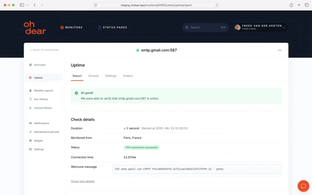 Oh Dear TCP monitoring success page