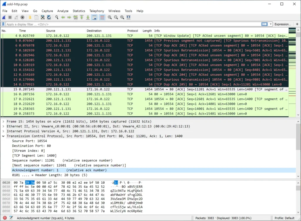 Wireshark interface showing TCP packet analysis