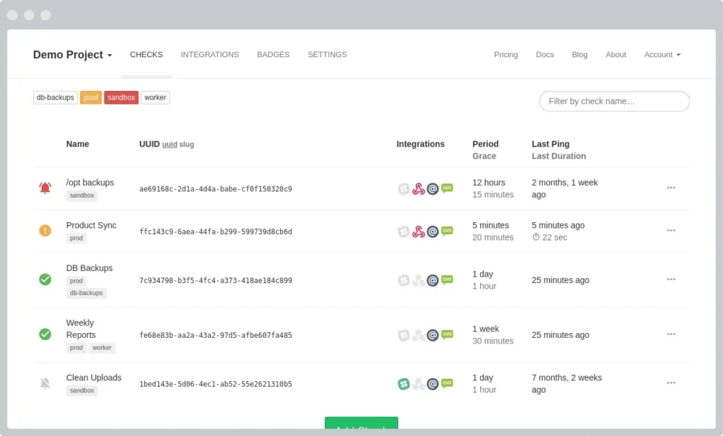 Healthchecks.io cron job dashboard