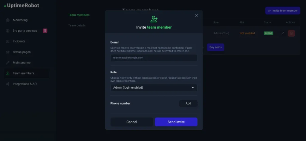 UptimeRobot add Admin menu