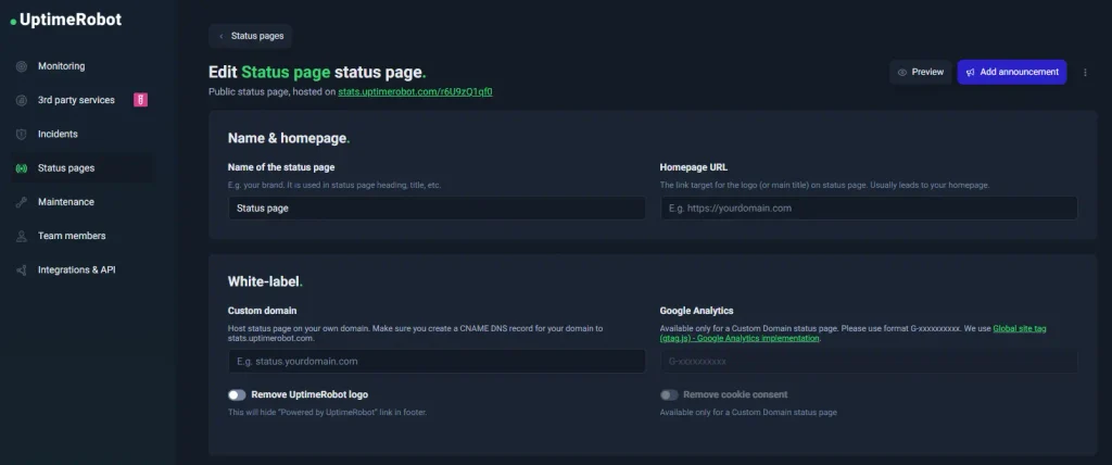 Edit status page UptimeRobot
