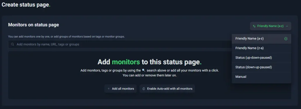 Add monitors to status page UptimeRobot
