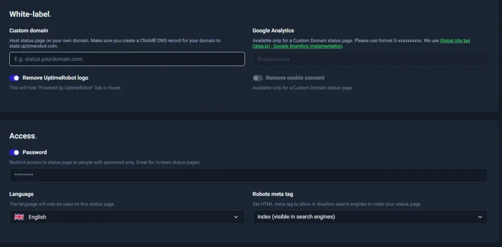 Advanced control status page UptimeRobot