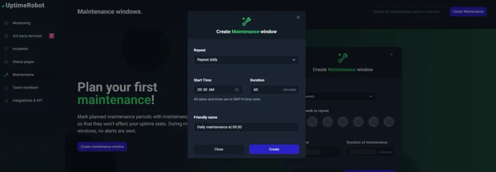 Maintenance window uptimerobot